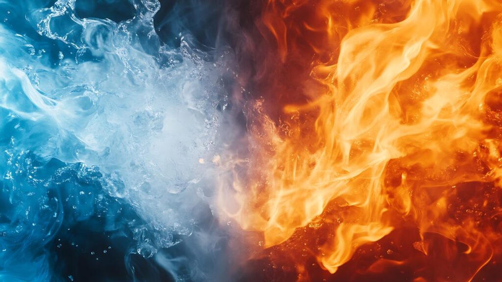 schemat ciepło- zimno - woda/ lód jako zimno i ogień jako ciepło