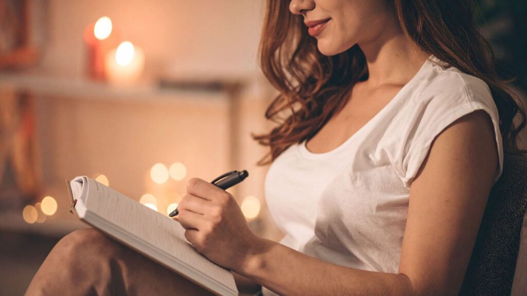 Kobieta pracująca z notesem przy świecach - symbol struktury i intuicji