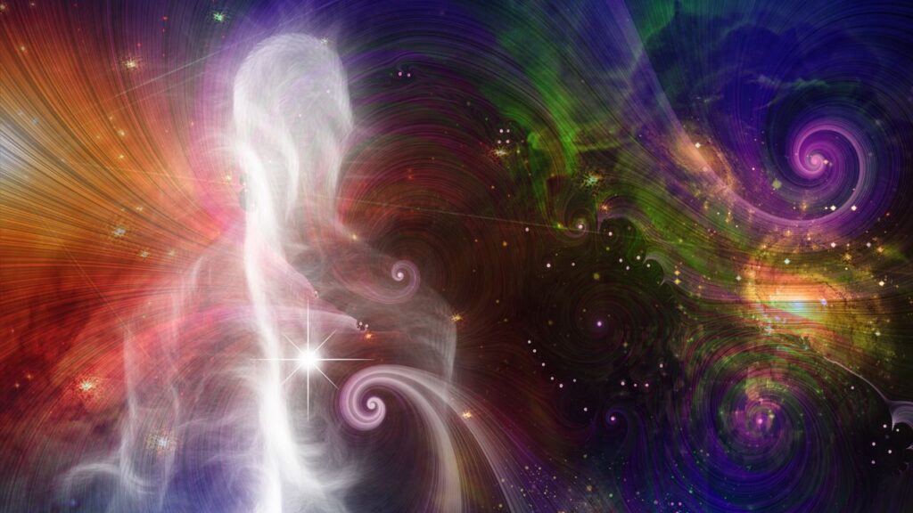 Człowiek otoczony energią, fale świetlne i  galaktyka