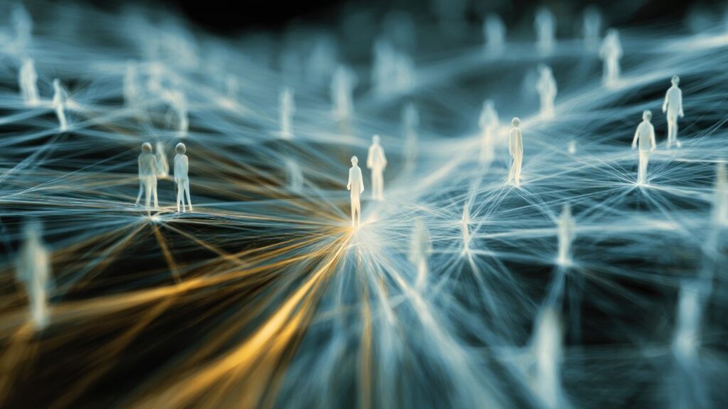  lustracja sieci ludzi połączonych liniami, symbolizująca wspólnotę online